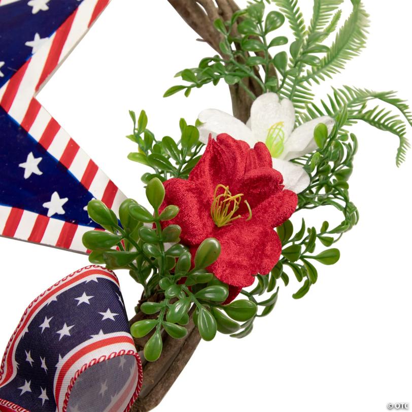 Americana Star and Mixed Floral Patriotic Wreath  24-Inch  Unlit