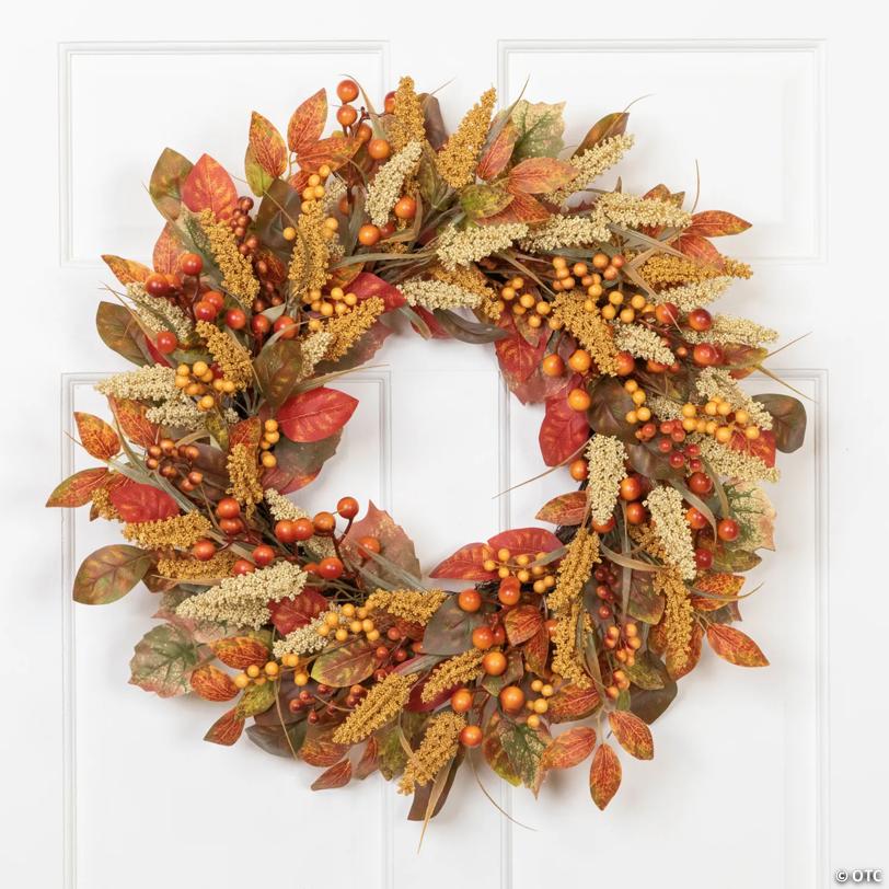 Autumn Leaves and Berries Fall Harvest Artificial Wreath - 24" - Unlit