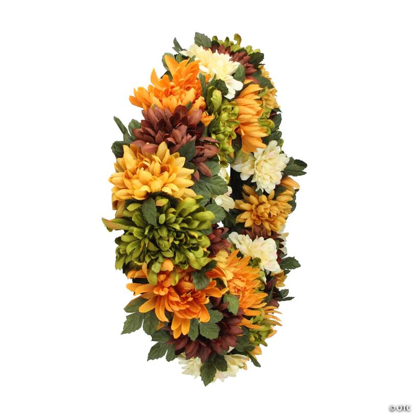 Autumn Orange and Green Chrysanthemum Artificial Thanksgiving Wreath - 19.5-Inch  Unlit