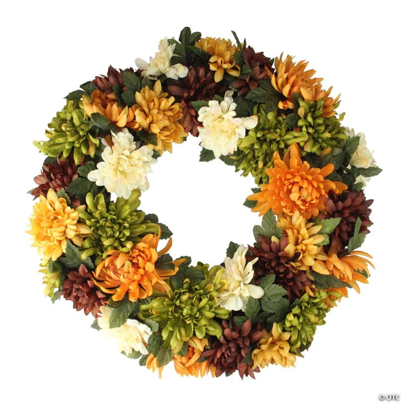 Autumn Orange and Green Chrysanthemum Artificial Thanksgiving Wreath - 19.5-Inch  Unlit