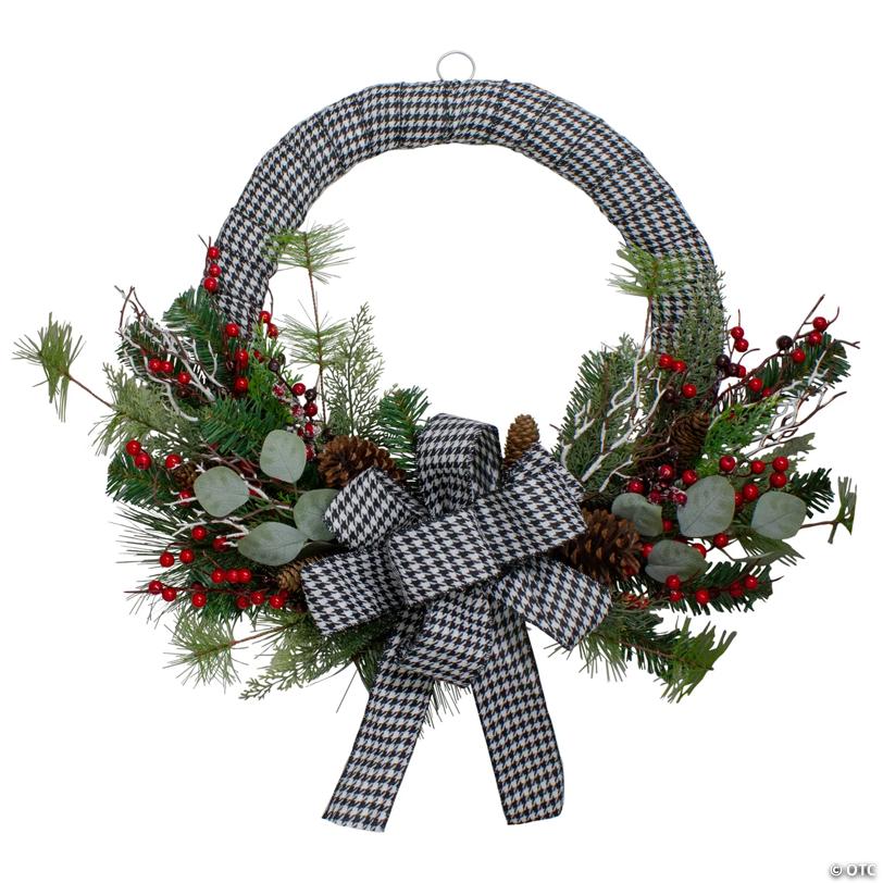 Black and White Houndstooth and Berry Artificial Christmas Wreath - 24-Inch  Unlit