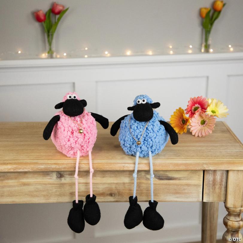Boy and Girl Plush Lamb Sitting Easter Figures - 13" - Pink and Blue - Set of 2