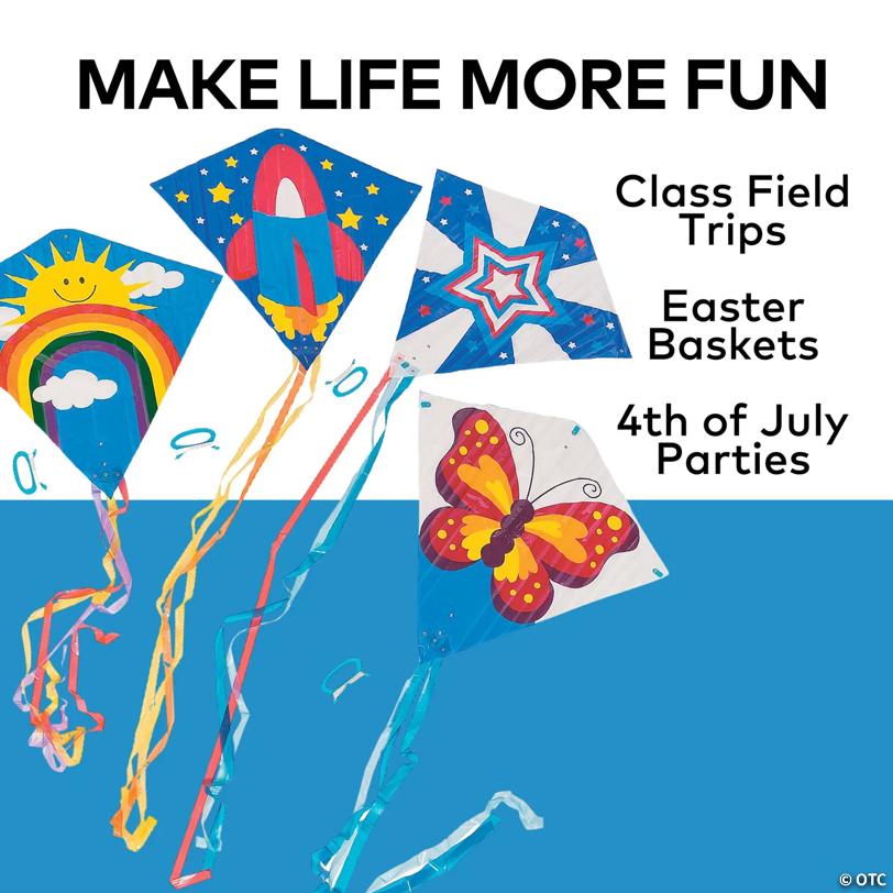 Bright Patterned Kites with Tail Assortment - 12 pc