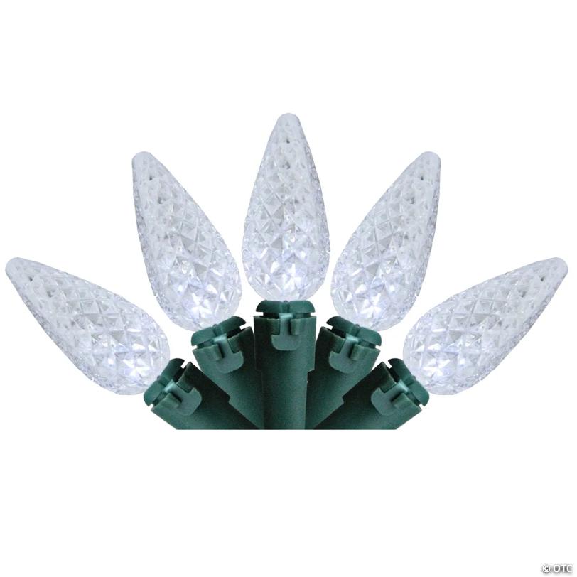 Brite Star 35 Battery Operated White Faceted LED C6 Christmas Lights - 11 ft Green Wire
