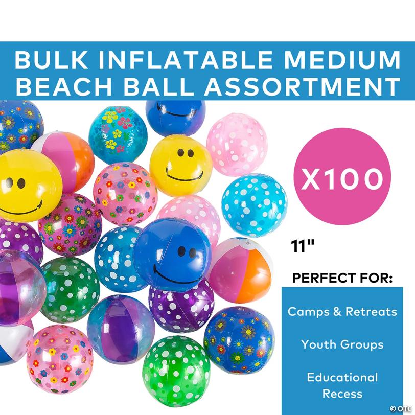 Bulk 100 Pc. Inflatable 11" Medium Bright Beach Ball Assortment