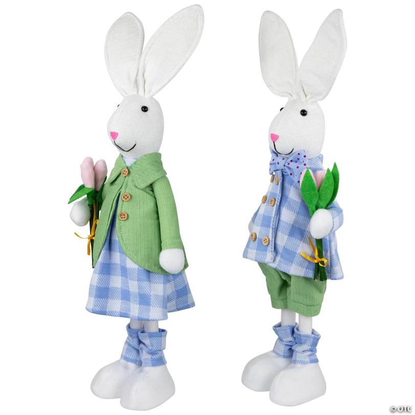 Bunny Couple in Matching Checkered Outfits Easter Figures - 18.75" - Set of 2