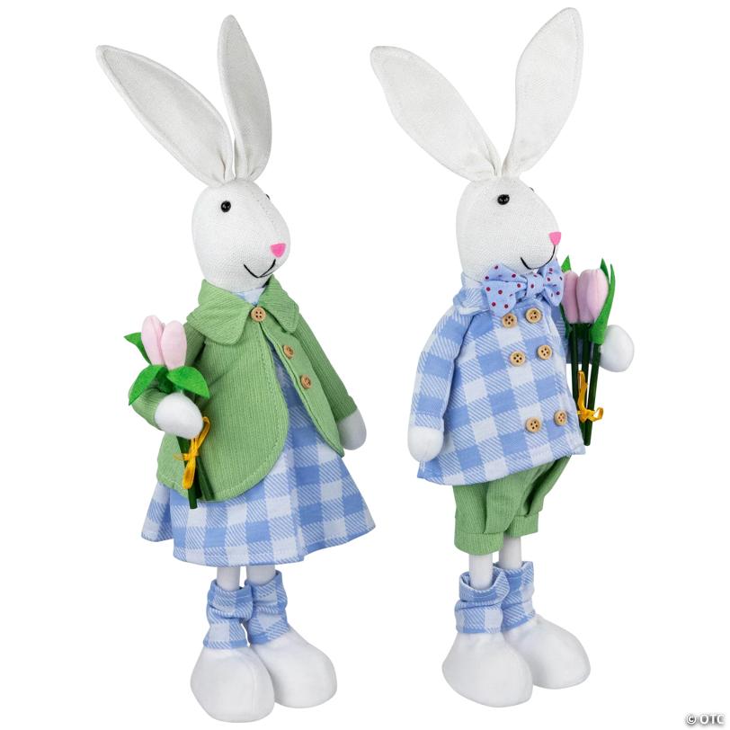 Bunny Couple in Matching Checkered Outfits Easter Figures - 18.75" - Set of 2