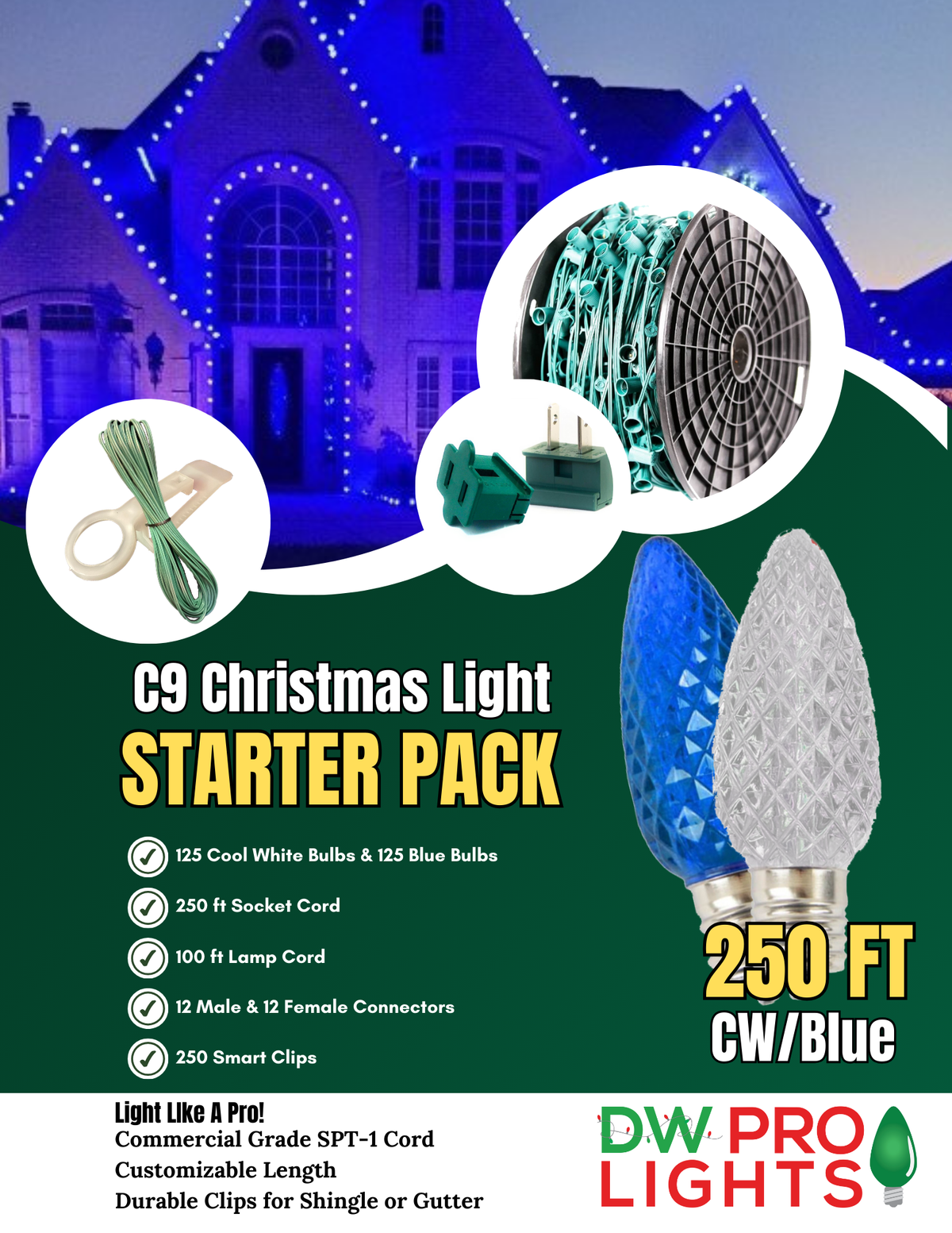 250' Outdoor Christmas Lighting Kit - Cool White/Blue