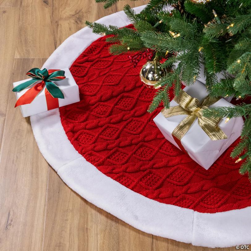 Cable Knit Christmas Tree Skirt - 48" - Red and White