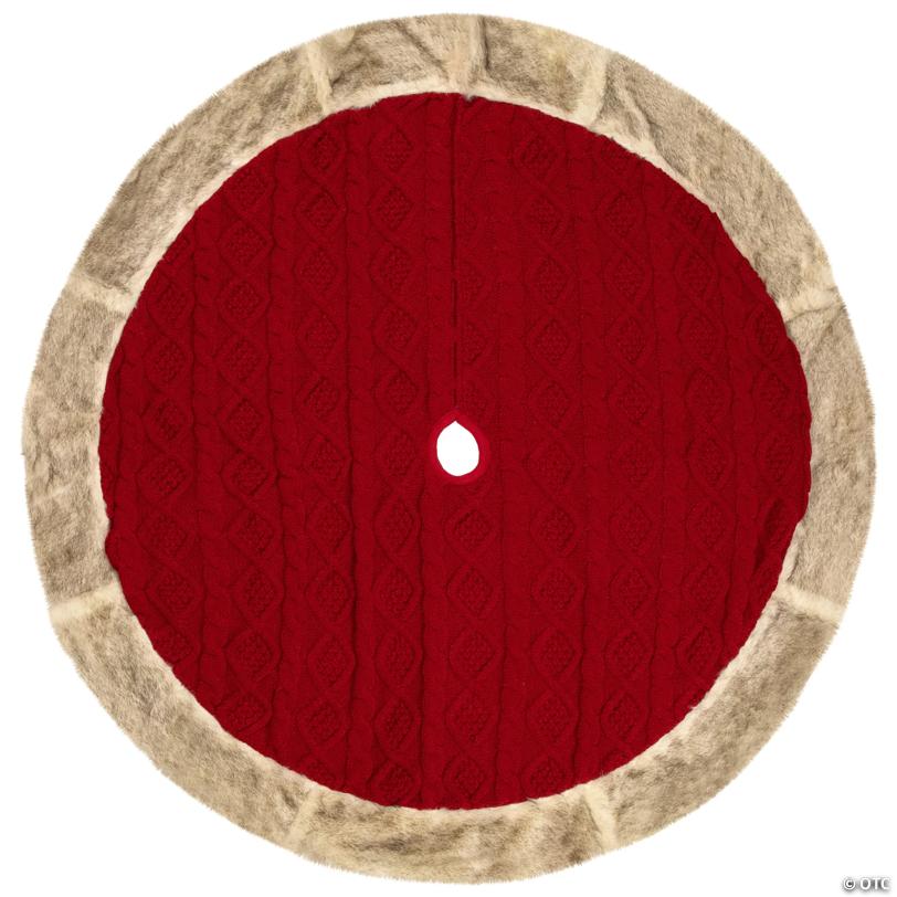 Cable Knit Christmas Tree Skirt with FauProper Fur Trim- 48" - Red