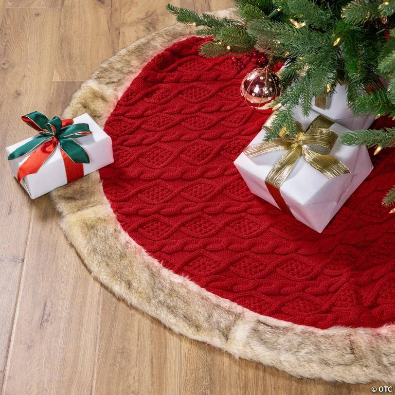 Cable Knit Christmas Tree Skirt with FauProper Fur Trim- 48" - Red