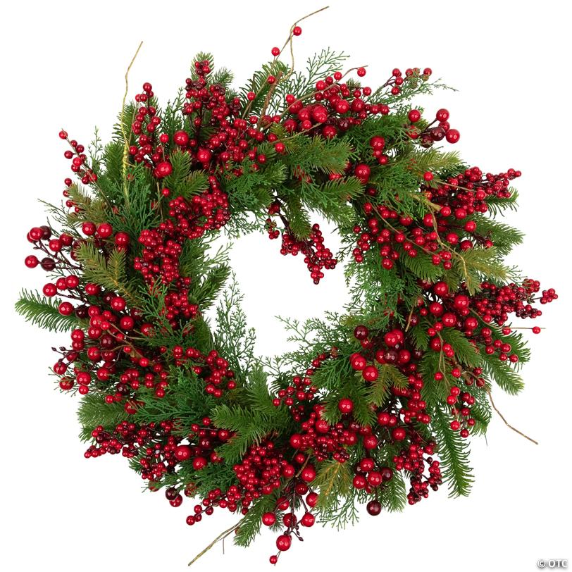 Cedar  Pine and Red Berries Artificial Christmas Wreath - 28" - Unlit