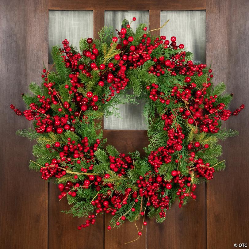 Cedar  Pine and Red Berries Artificial Christmas Wreath - 28" - Unlit
