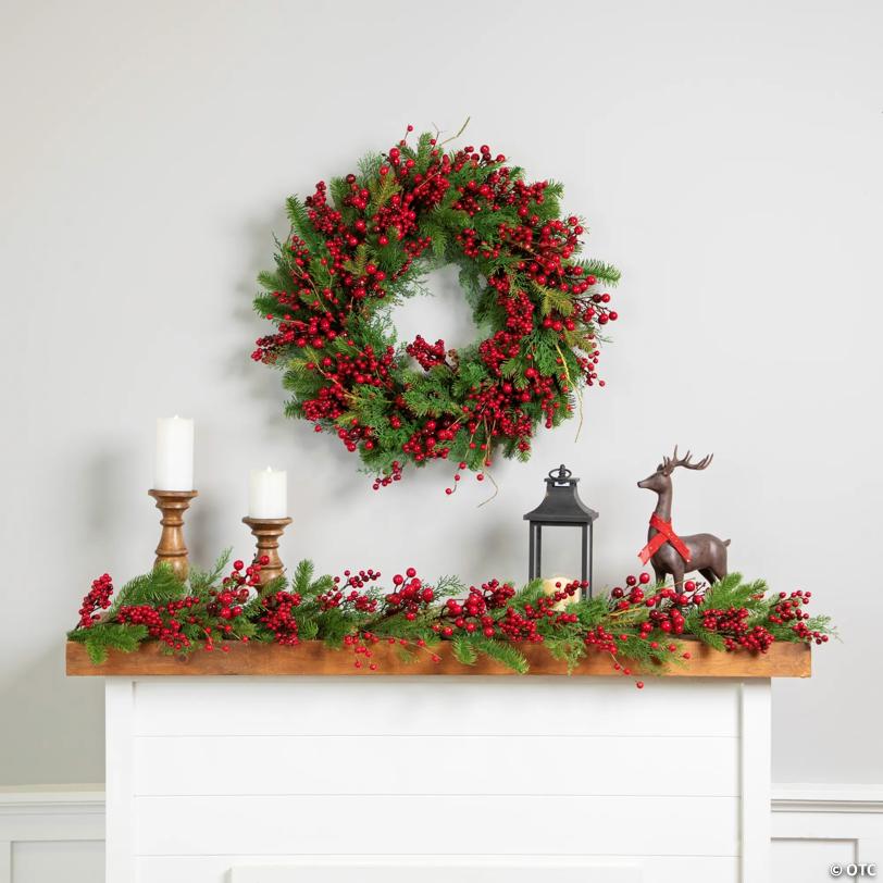 Cedar  Pine and Red Berries Artificial Christmas Wreath - 28" - Unlit