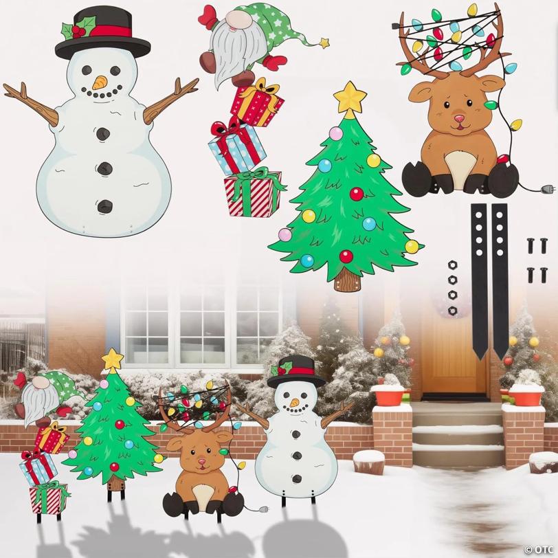 Christmas Character Set Metal Yard Signs, 4pc Large Xmas Decorations - Includes Four 6" Stakes, Holiday Decor - 16inch