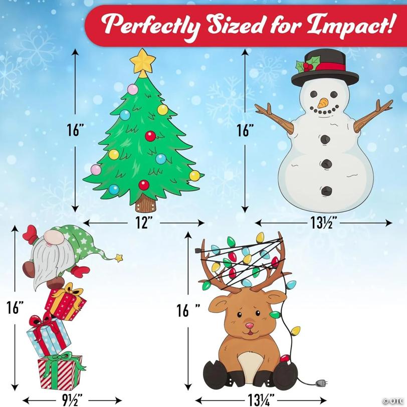 Christmas Character Set Metal Yard Signs, 4pc Large Xmas Decorations - Includes Four 6" Stakes, Holiday Decor - 16inch