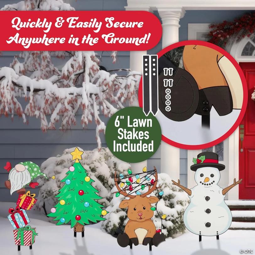 Christmas Character Set Metal Yard Signs, 4pc Large Xmas Decorations - Includes Four 6" Stakes, Holiday Decor - 16inch