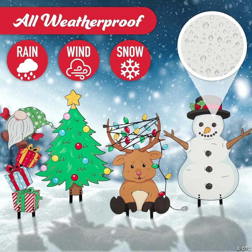 Christmas Character Set Metal Yard Signs, 4pc Large Xmas Decorations - Includes Four 6" Stakes, Holiday Decor - 16inch