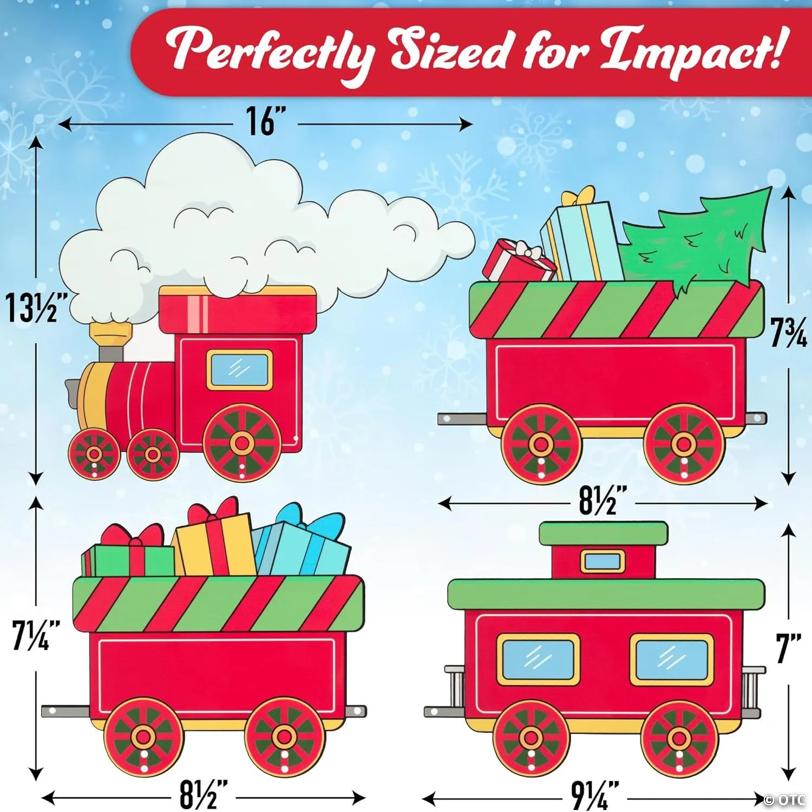 Christmas Metal Yard Signs- 4 Different Train Car Designs- Large 16-Inch Durable Outdoor Lawn Decorations w Metal Stakes