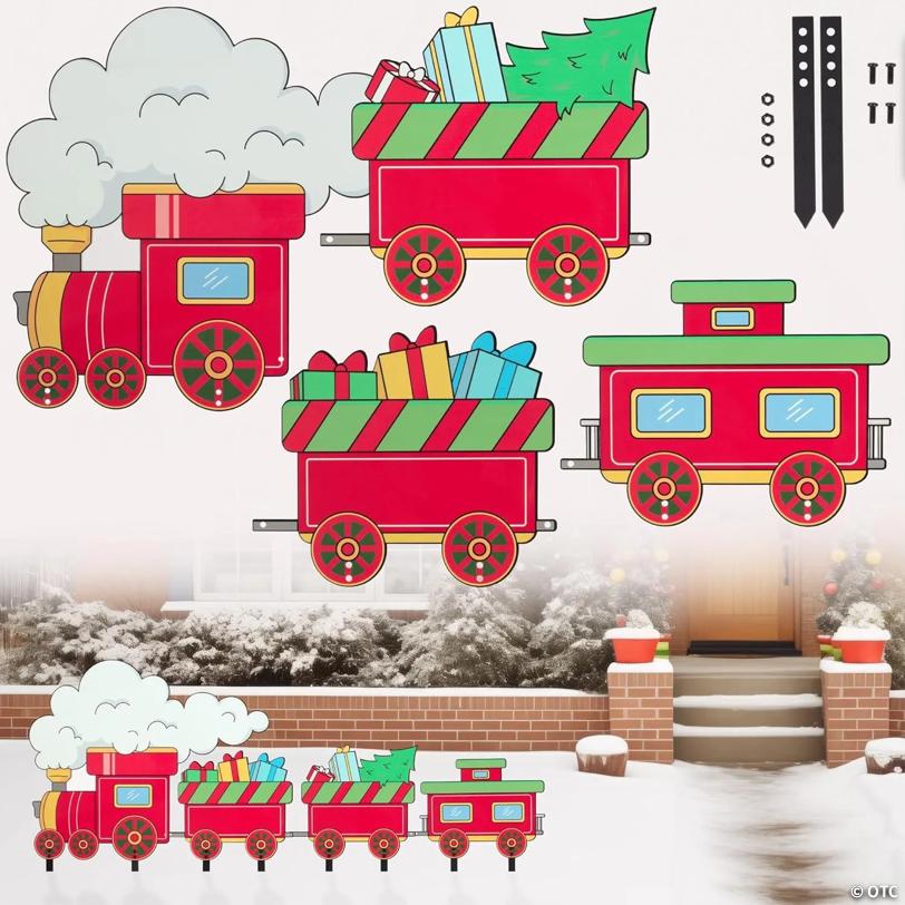 Christmas Metal Yard Signs- 4 Different Train Car Designs- Large 16-Inch Durable Outdoor Lawn Decorations w Metal Stakes