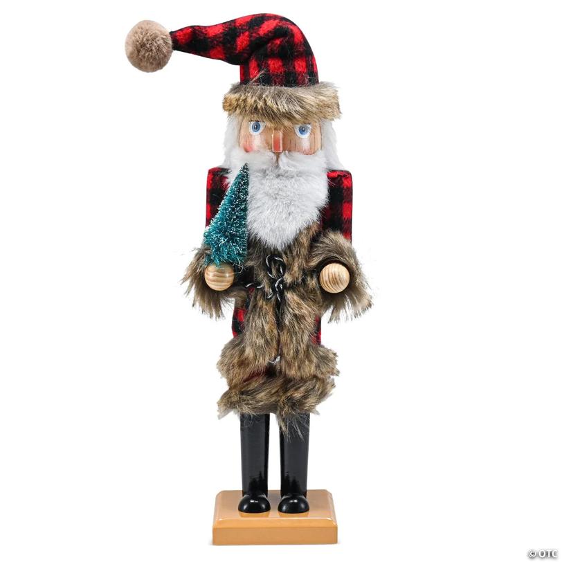 Christmas Nostalgic Santa Nutcracker Red and Black Wooden Nutcracker  with Buffalo Plaid Coat with  Fur Holding a Tree