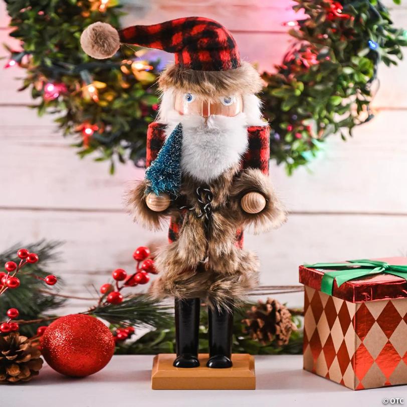 Christmas Nostalgic Santa Nutcracker Red and Black Wooden Nutcracker  with Buffalo Plaid Coat with  Fur Holding a Tree