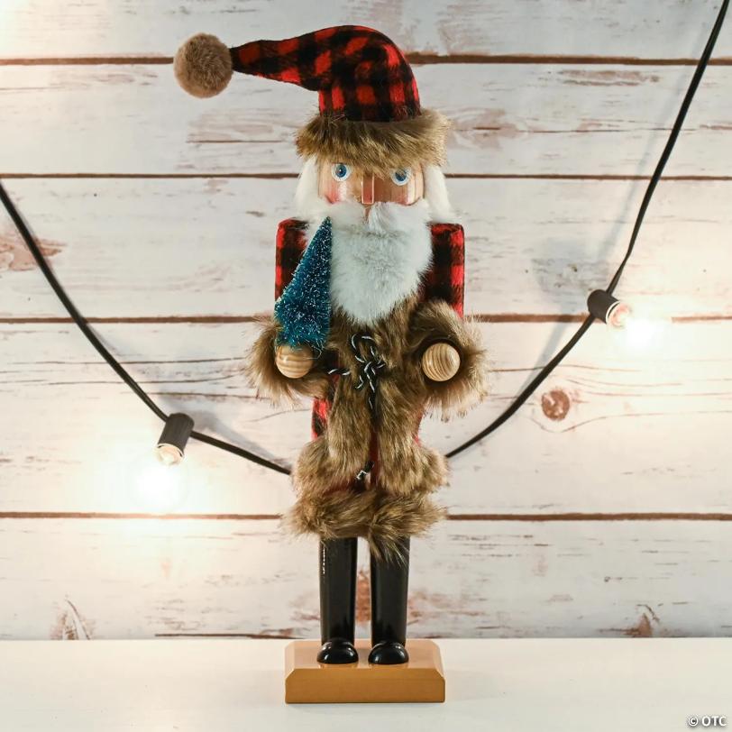 Christmas Nostalgic Santa Nutcracker Red and Black Wooden Nutcracker  with Buffalo Plaid Coat with  Fur Holding a Tree