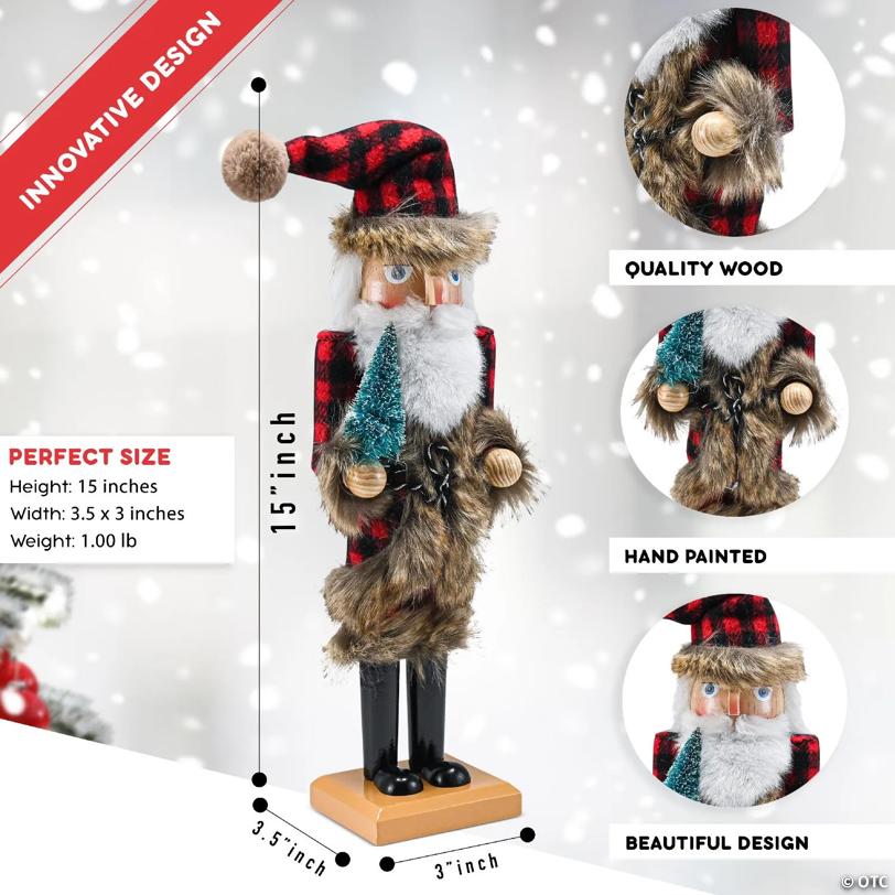 Christmas Nostalgic Santa Nutcracker Red and Black Wooden Nutcracker  with Buffalo Plaid Coat with  Fur Holding a Tree