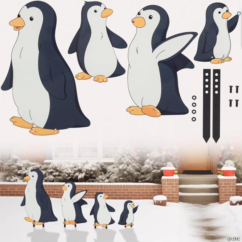 Christmas Penguin Set Metal Yard Signs, 4pc Large Xmas Decorations - Includes Four 6" Stakes, Holiday Decor - 6in-16inch