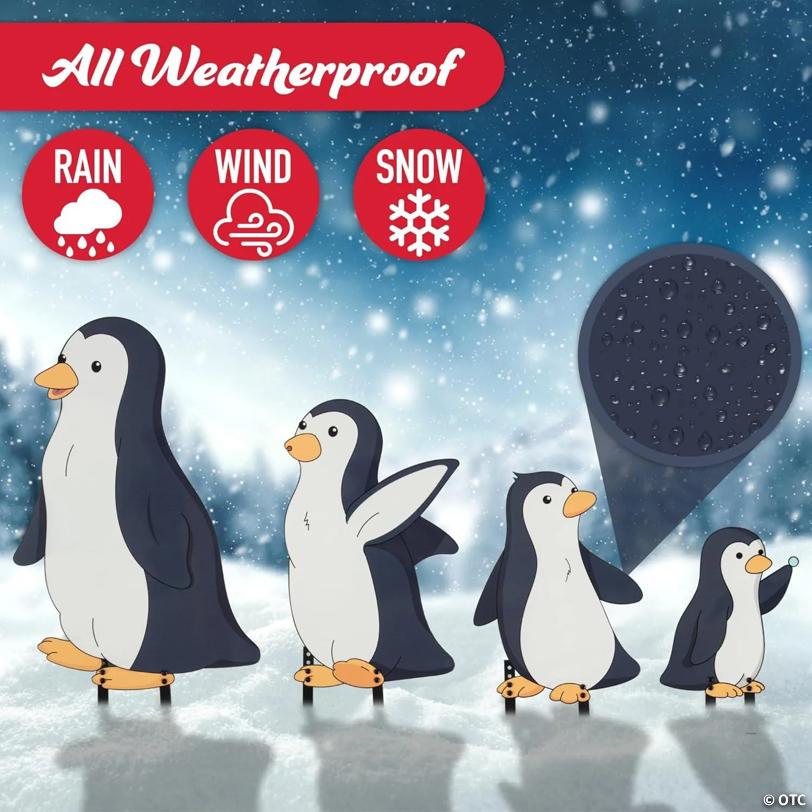Christmas Penguin Set Metal Yard Signs, 4pc Large Xmas Decorations - Includes Four 6" Stakes, Holiday Decor - 6in-16inch