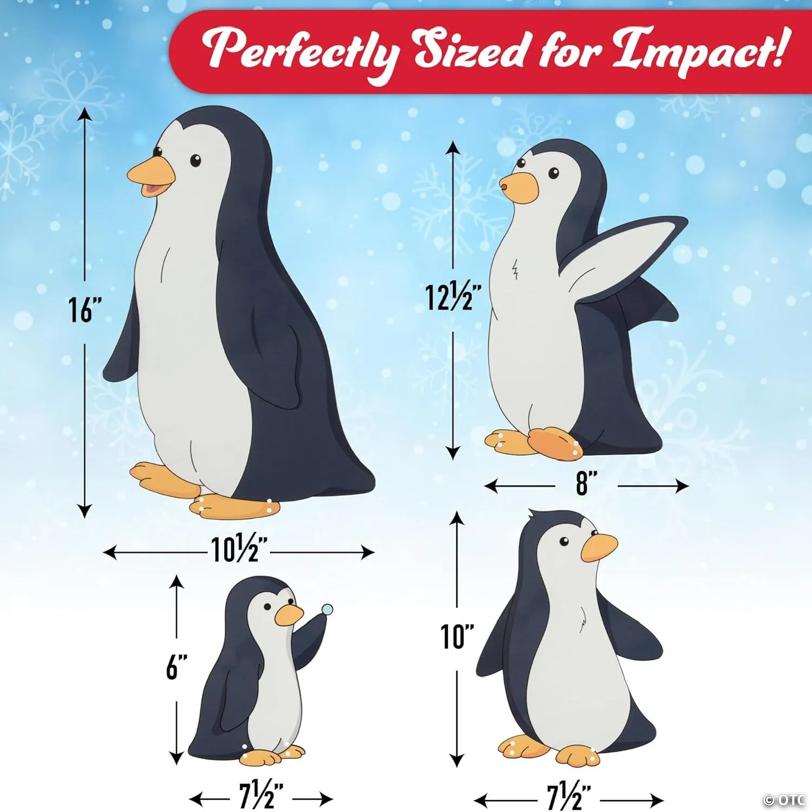 Christmas Penguin Set Metal Yard Signs, 4pc Large Xmas Decorations - Includes Four 6" Stakes, Holiday Decor - 6in-16inch