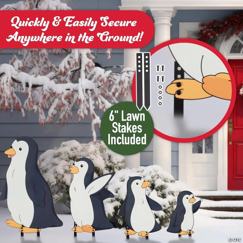 Christmas Penguin Set Metal Yard Signs, 4pc Large Xmas Decorations - Includes Four 6" Stakes, Holiday Decor - 6in-16inch