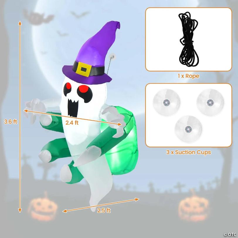 Costway 3.6' Halloween Inflatable Ghost Indoor Outdoor Blow Up Flying Halloween Decor