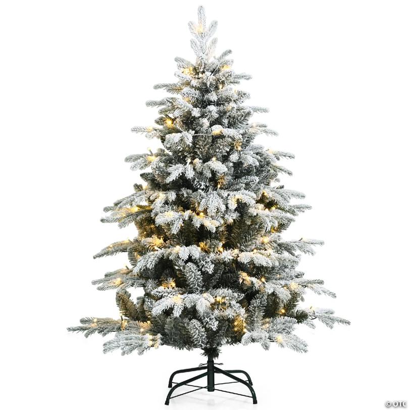 Costway 4.5 FT Pre-Lit Flocked Christmas Tree Hinged w/ 120 LED Lights & 757 Branch Tips