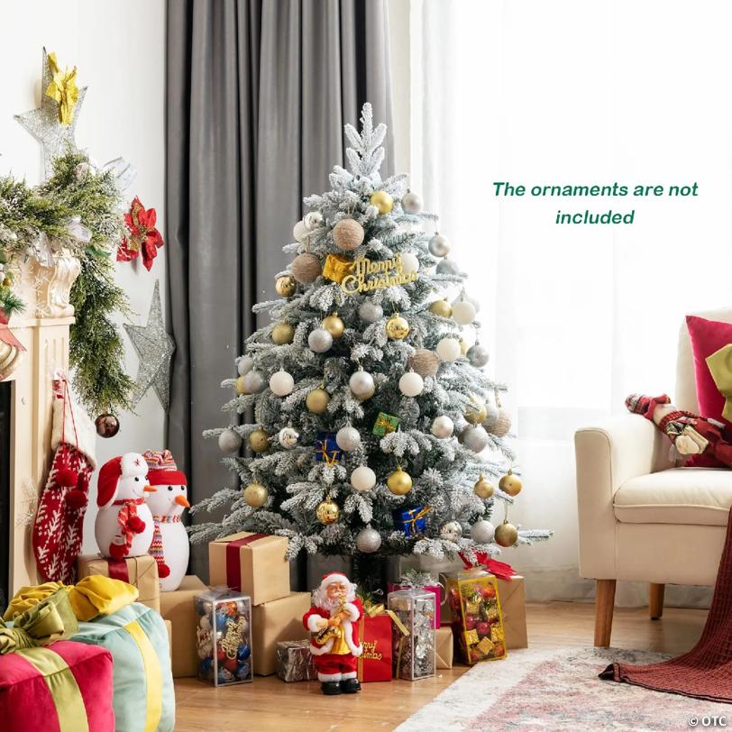 Costway 4.5 FT Pre-Lit Flocked Christmas Tree Hinged w/ 120 LED Lights & 757 Branch Tips