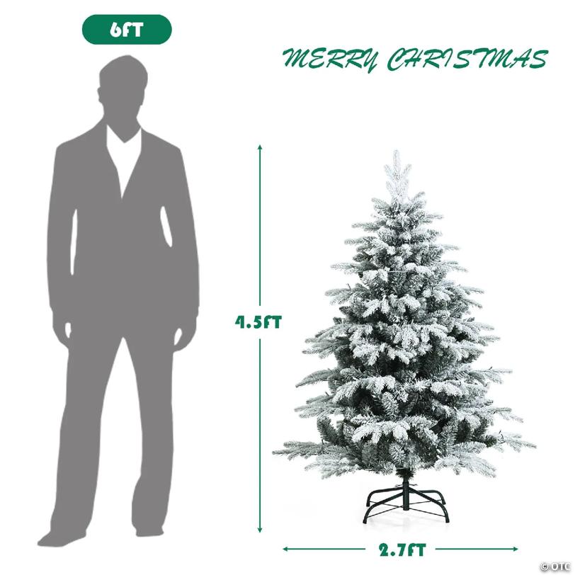 Costway 4.5 FT Pre-Lit Flocked Christmas Tree Hinged w/ 120 LED Lights & 757 Branch Tips