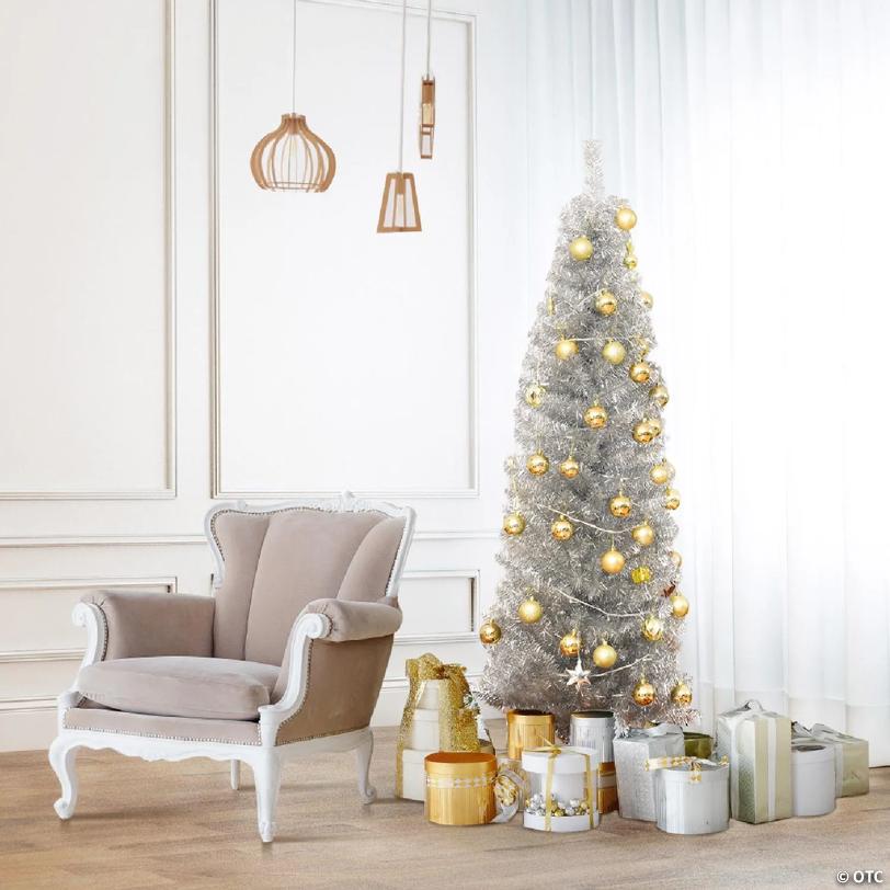 Costway 6FT Silver Tinsel Tree Unlit Slim Pencil Christmas Tree Metal