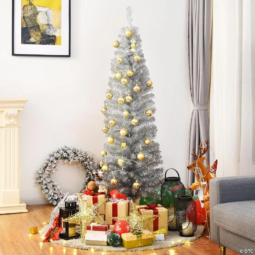 Costway 6FT Silver Tinsel Tree Unlit Slim Pencil Christmas Tree Metal