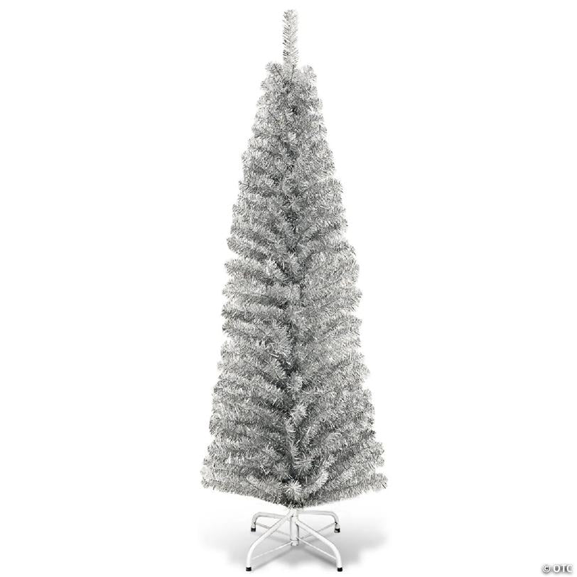 Costway 6FT Silver Tinsel Tree Unlit Slim Pencil Christmas Tree Metal