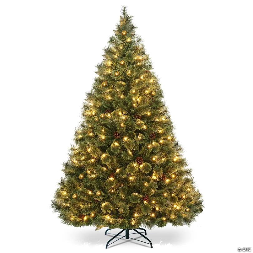 Costway 6Ft Pre-Lit PVC Artificial Carolina Pine Tree Flocked Cones Hinged w/ LED Lights