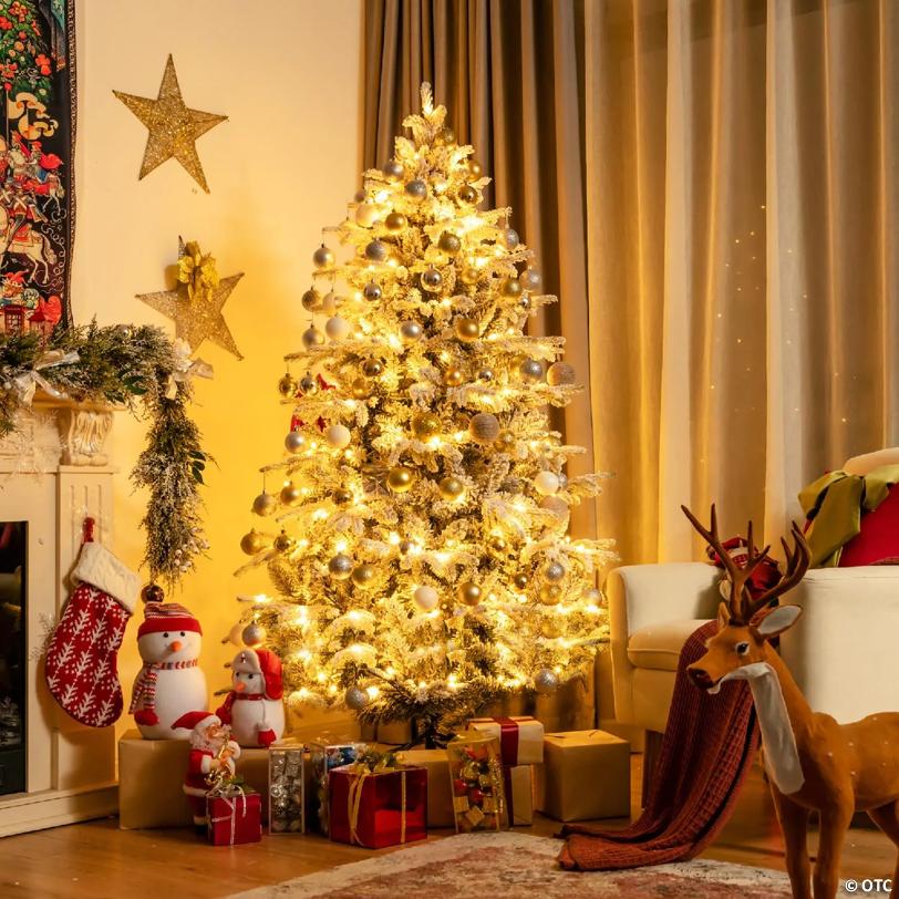 Costway 6 FT Pre-Lit Flocked Christmas Tree Hinged w/ 260 LED Lights & 1415 Branch Tips