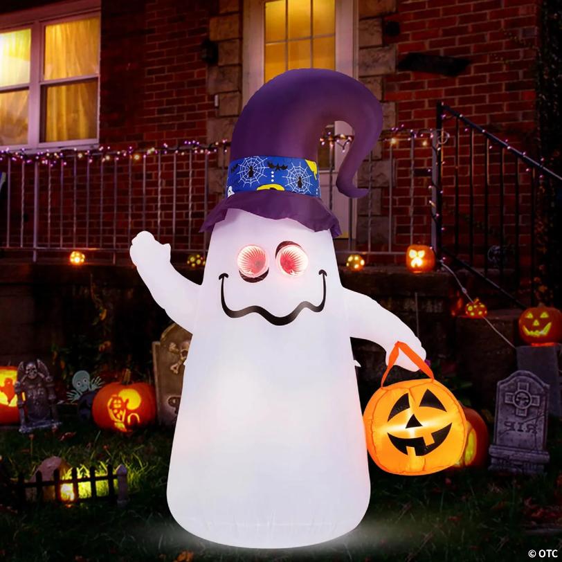 Costway 6 Ft Halloween Inflatables Cute Ghost with Jack-O-Lantern & Witch Hat