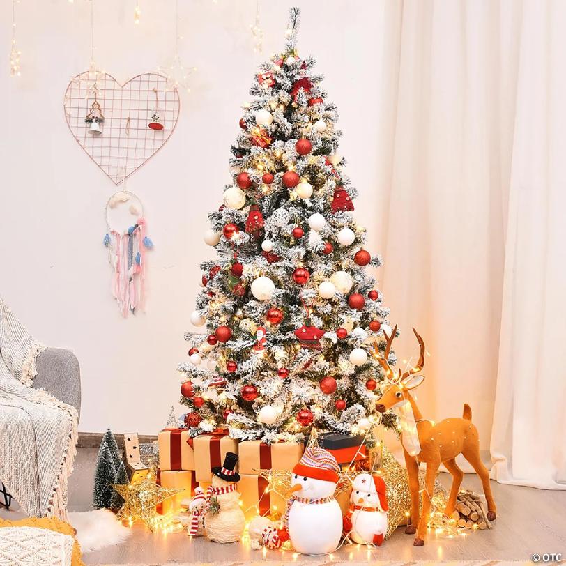 Costway 6 ft Pre-Lit Premium Snow Flocked Hinged Artificial Christmas Tree with 250 Lights