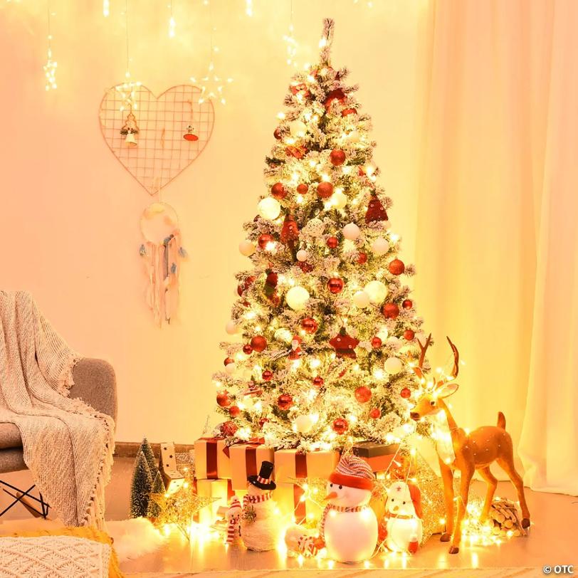 Costway 6 ft Pre-Lit Premium Snow Flocked Hinged Artificial Christmas Tree with 250 Lights