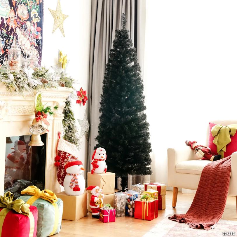 Costway 6ft Unlit Artificial Christmas Pencil Tree Black w/Metal Stand Black