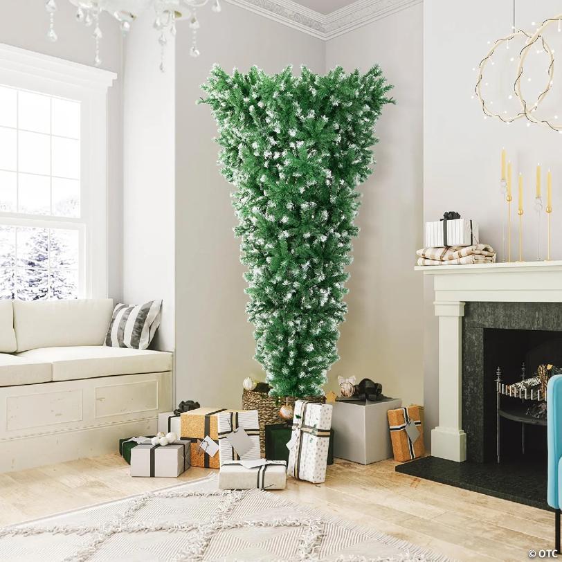Costway 7.5FT Pre-Lit Snowy Upside Down Christmas Tree 1100 Tips w/ 400 Lights & 8 Modes