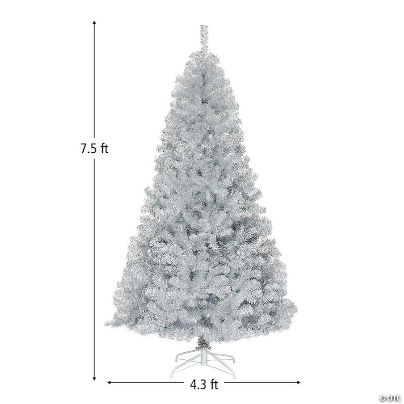 Costway 7.5Ft Hinged Unlit Artificial Silver Tinsel Christmas Tree Holiday w/Metal Stand