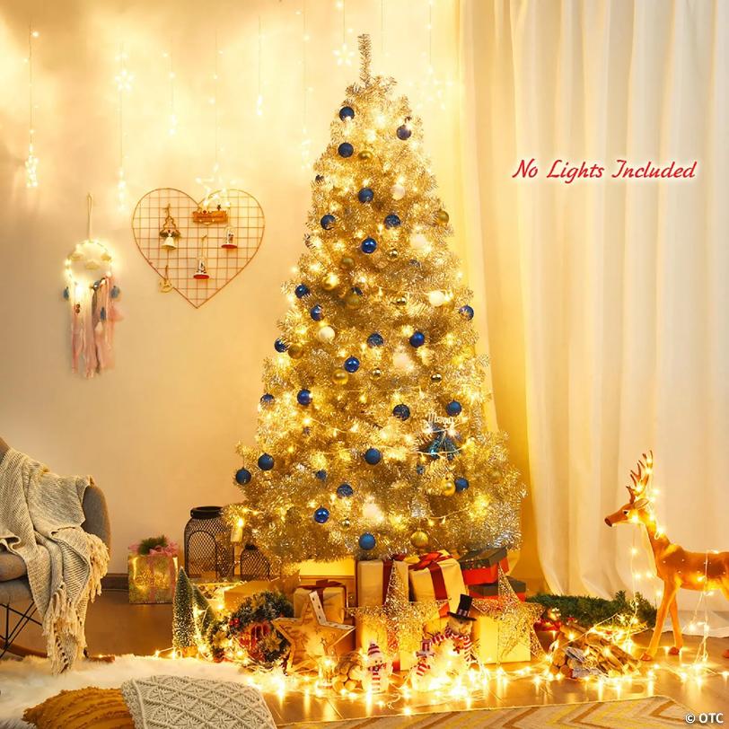 Costway 7.5Ft Hinged Unlit Artificial Silver Tinsel Christmas Tree Holiday w/Metal Stand