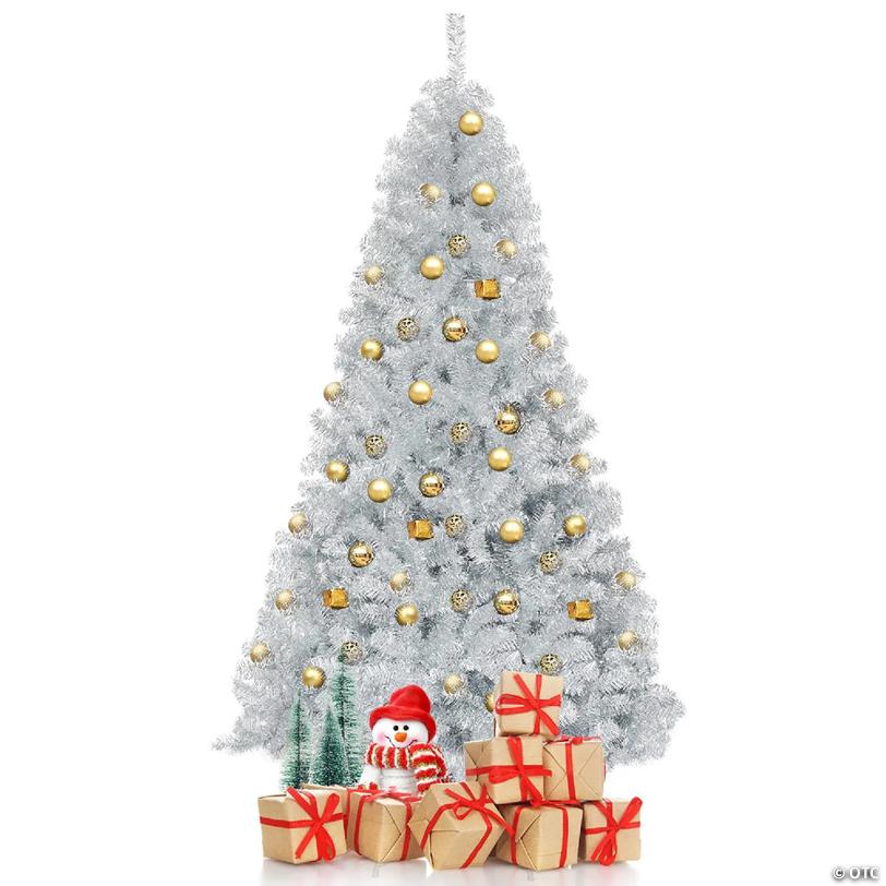 Costway 7.5Ft Hinged Unlit Artificial Silver Tinsel Christmas Tree Holiday w/Metal Stand