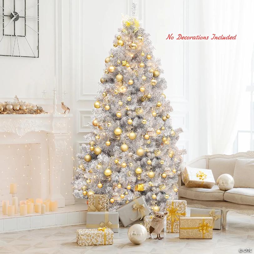 Costway 7.5Ft Hinged Unlit Artificial Silver Tinsel Christmas Tree Holiday w/Metal Stand